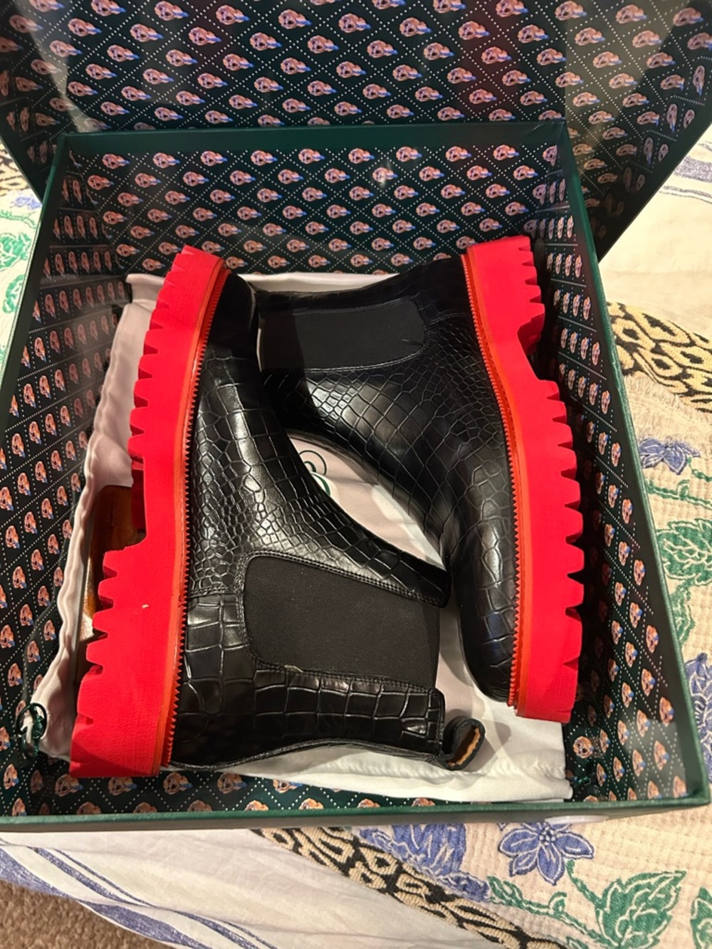 Black Croc-Texture Chukka Boots with Red Lug Sole